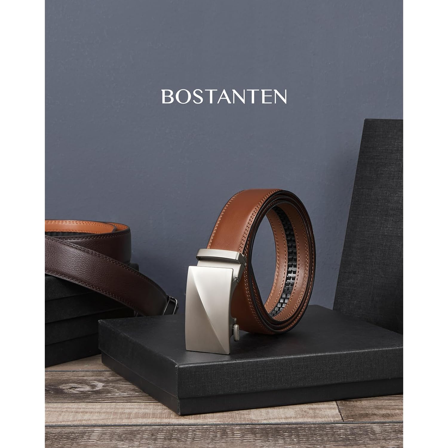 Bostanten Mens Belt Leather Ratchet Belt For Men Dress And Casual With Adjustable Buckle, Trim To Fit
