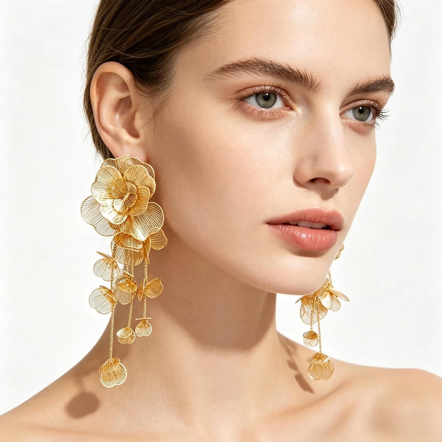 Gold Silver Filigree Floral Dangle Earrings for Women, Long Drop Statement Earrings for Vintage Wedding Jewelry
