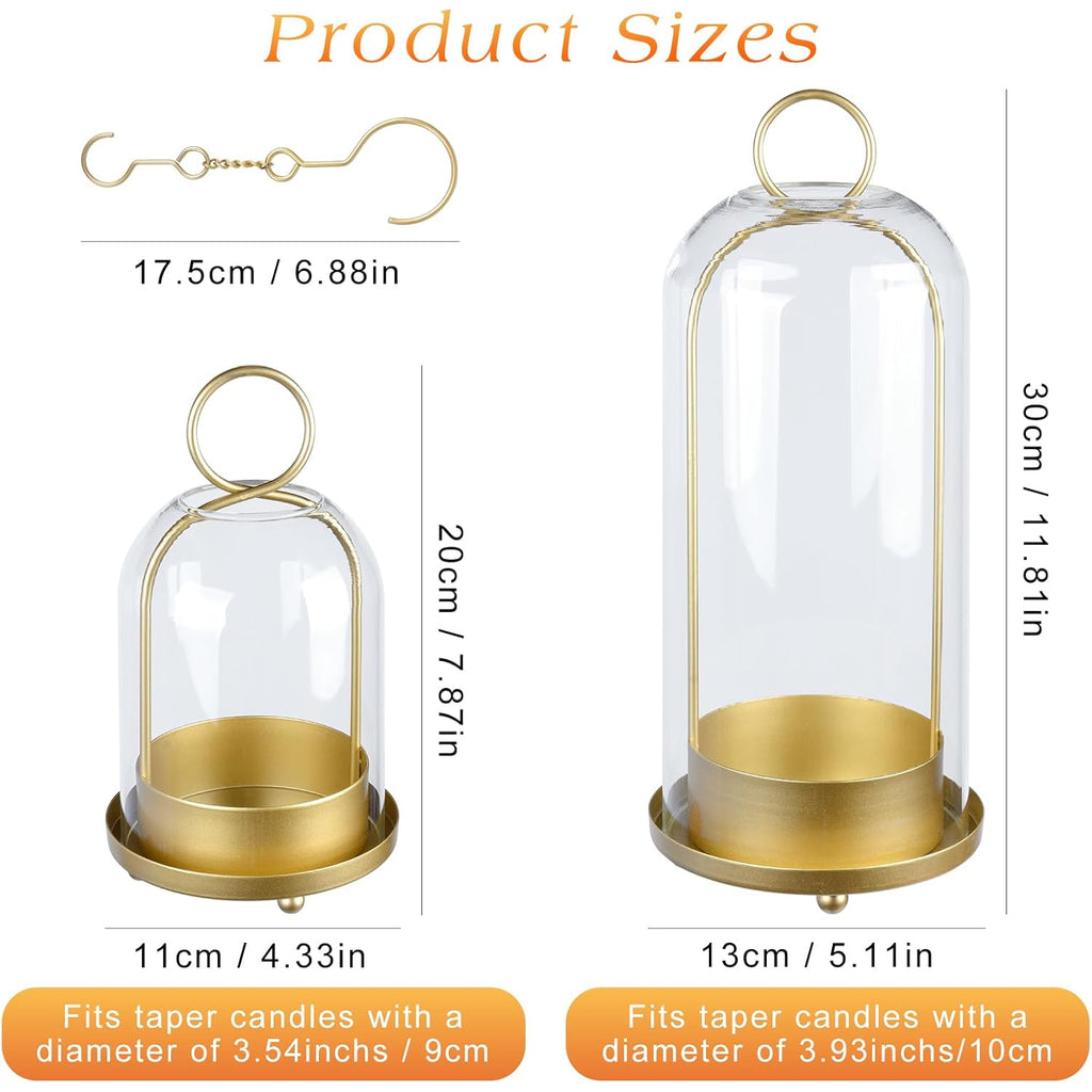 Fohil 5" & 4" Hurricane Glass Candle Holders, Set of 2 Metal Candle Holder with Handmade Sturdy Glass Dome, Candle Lantern for Pillar Candles, Plants, Table Centerpiece, Home Decor