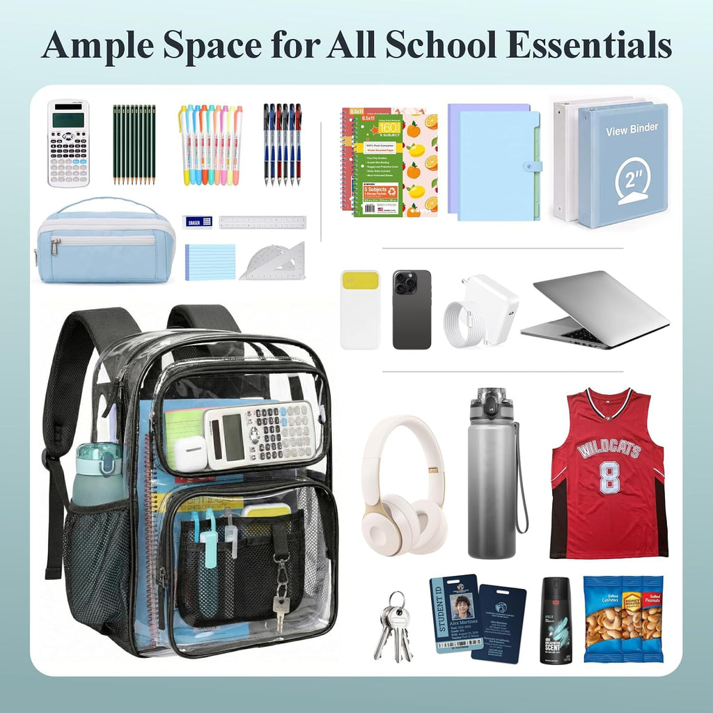 Clear Backpack For School - 17 Inch Heavy Duty Clear Bookbag | 2 Front Pockets, Reinforced 900D Oxford Base, Padded Straps, 0.5Mm Thick Pvc, Fit 16"Laptop, Load 22 Lbs. Age 12+ Students