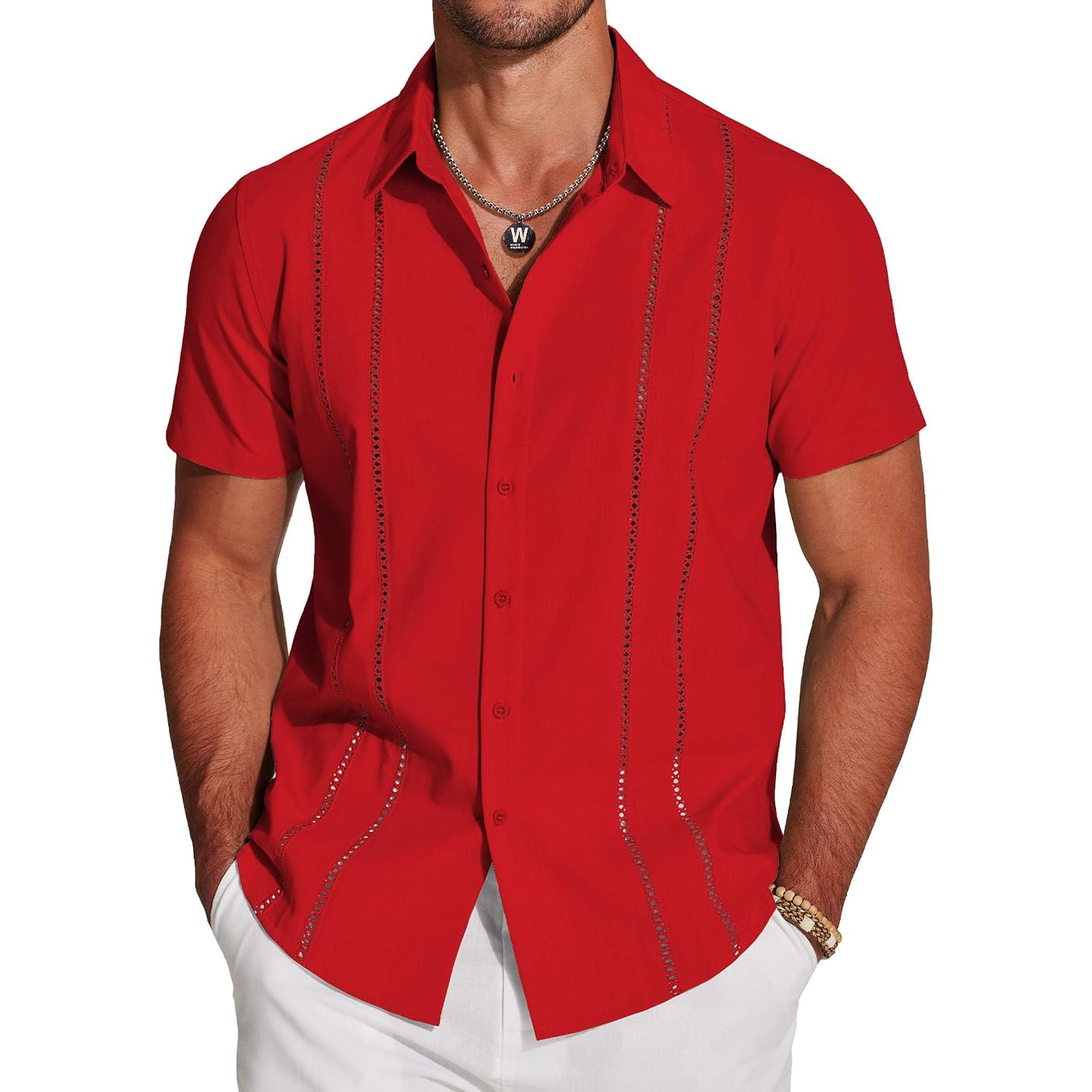 Coofandy Men'S Cuban Guayabera Shirt Short Sleeve Button Down Shirts Casual Summer Beach Linen Shirts
