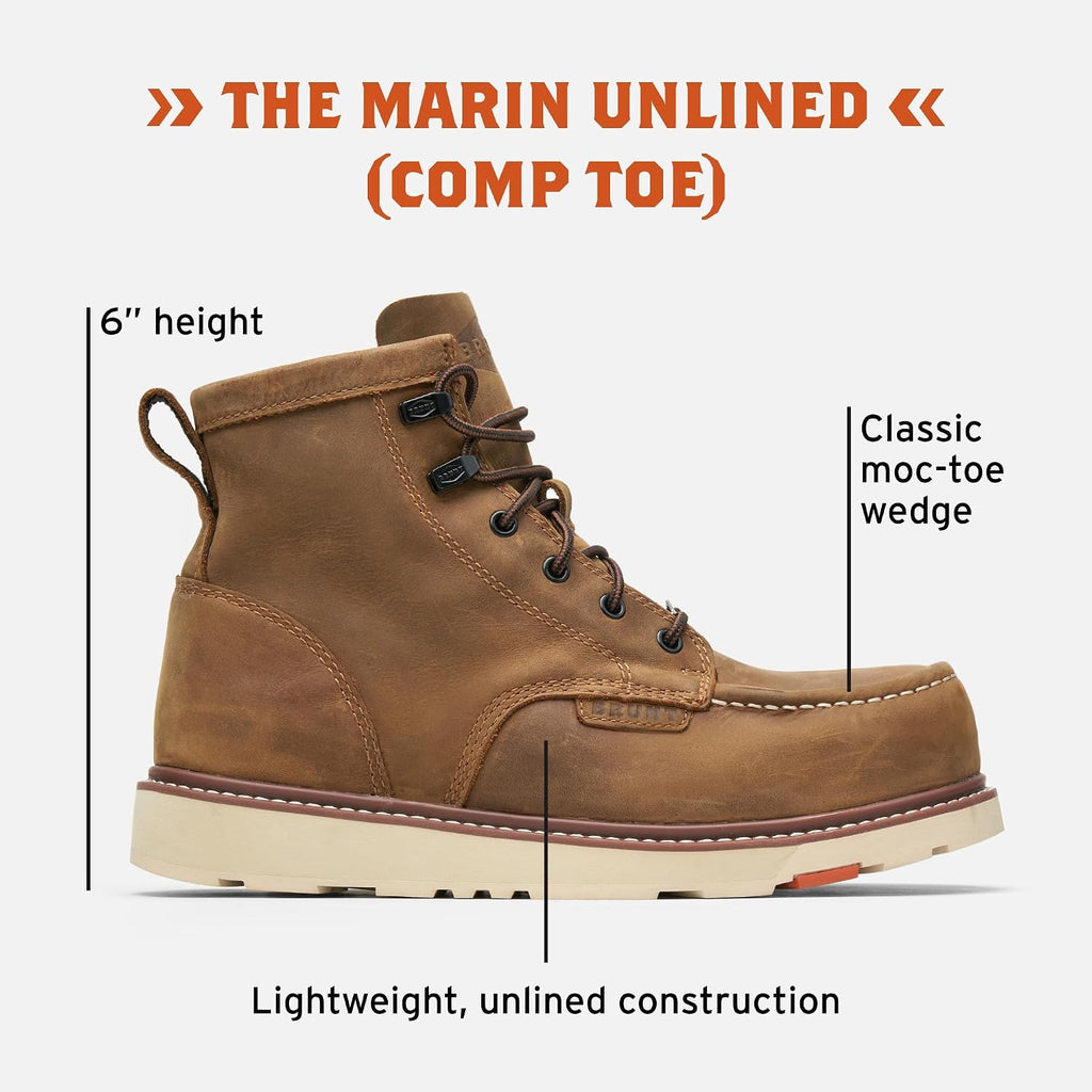 Brunt Marin Unlined (Comp Toe) - 6" Lightweight Safety Toe Wedge Work Boot - Eh Rated - Slip + Oil Resistant - Adjustable Width System