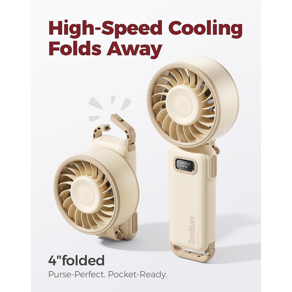 Diveblues Portable Handheld Fan D6036 Cream | 7.4M/S High Speed Turbo, 180° Foldable 4-In-1, Personal Neck Fan With Carabiner Clip, 100 Speed Stepless Control