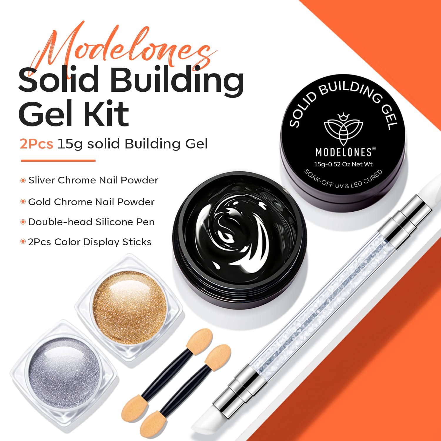 modelones 3D Gel Nail Art Kit, Non-Sticky Solid Builder Sculpting Gel for Nail Art Molding & Extensions with Chrome powder for Beginner DIY or Salon Spring Nails at Home Cured Needed