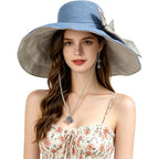 Women's Foldable Floppy Sun Hats Reversible Vacation Beach Cap Summer Wide Brim UPF 50+ Travel Fishing Bucket Hat Blue, Cotton Linen