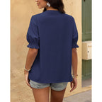 Women's 2026 Spring Tops Casual Floral Boho V Neck Puff Short Sleeve Button Down Shirts Embroidered Blouses Tunic