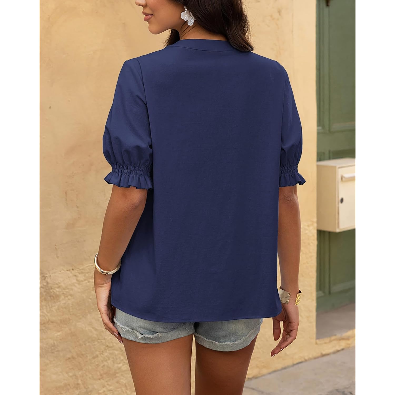 Women's 2026 Spring Tops Casual Floral Boho V Neck Puff Short Sleeve Button Down Shirts Embroidered Blouses Tunic