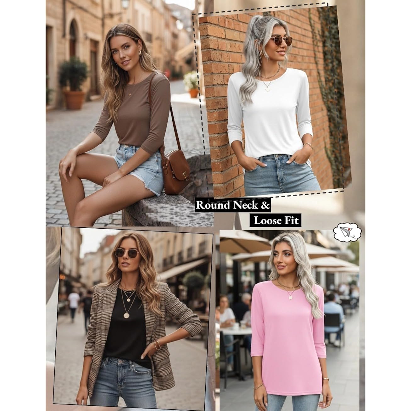 Zeagoo Women Tops 3 Pack 3/4 Sleeve Crewneck Cute Basics Tees Casual Fashion Summer Spring T Shirts Business Work Tee Top