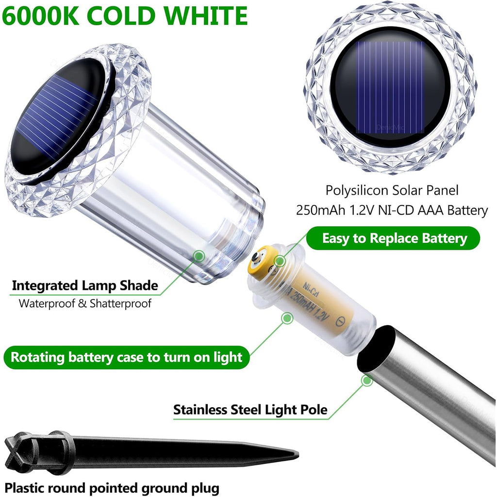 Denicmic Solar Lights Outdoor 10 Pack Waterproof 6000K Cold White Led Stainless Steel Stake Outside Lights For Yard Pathway Garden Driveway Walkway Landscape Path Lighting