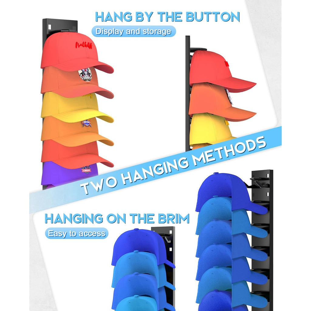 2 Pack Hat Organizer For Baseball Caps, Strong Adhesive Hat Rack For Wall, Multilayer Hat Storage Display Holder For Door Closet, Cap Organizer Storage Wall Mounted Hat Hooks Hold Up To 18 Hat (Black)