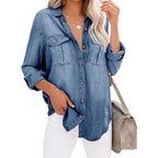 Runcati Womens Button Down Denim Shirt Long Sleeve Roll Up Casual Oversized Jean Shirt Jacket Distressed Tunic Tops