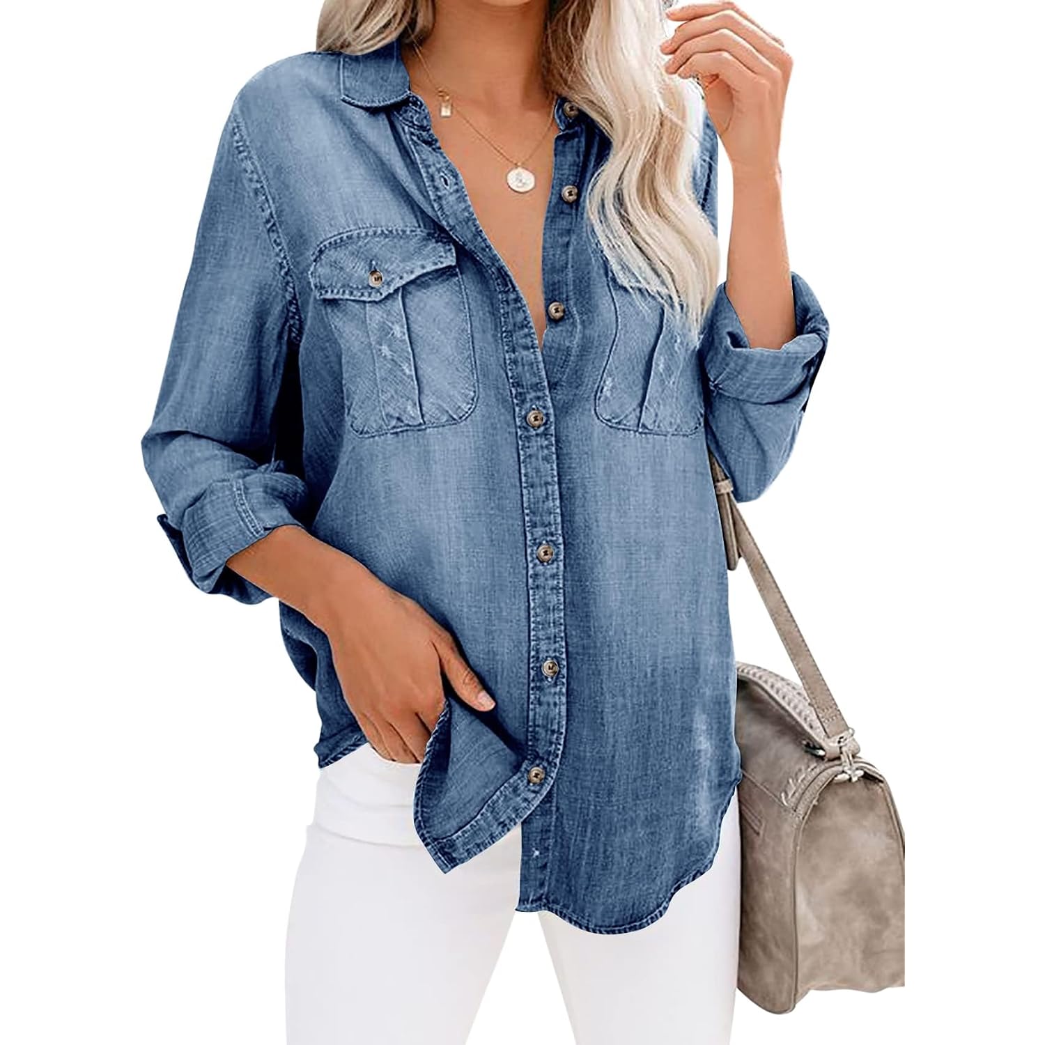Runcati Womens Button Down Denim Shirt Long Sleeve Roll Up Casual Oversized Jean Shirt Jacket Distressed Tunic Tops