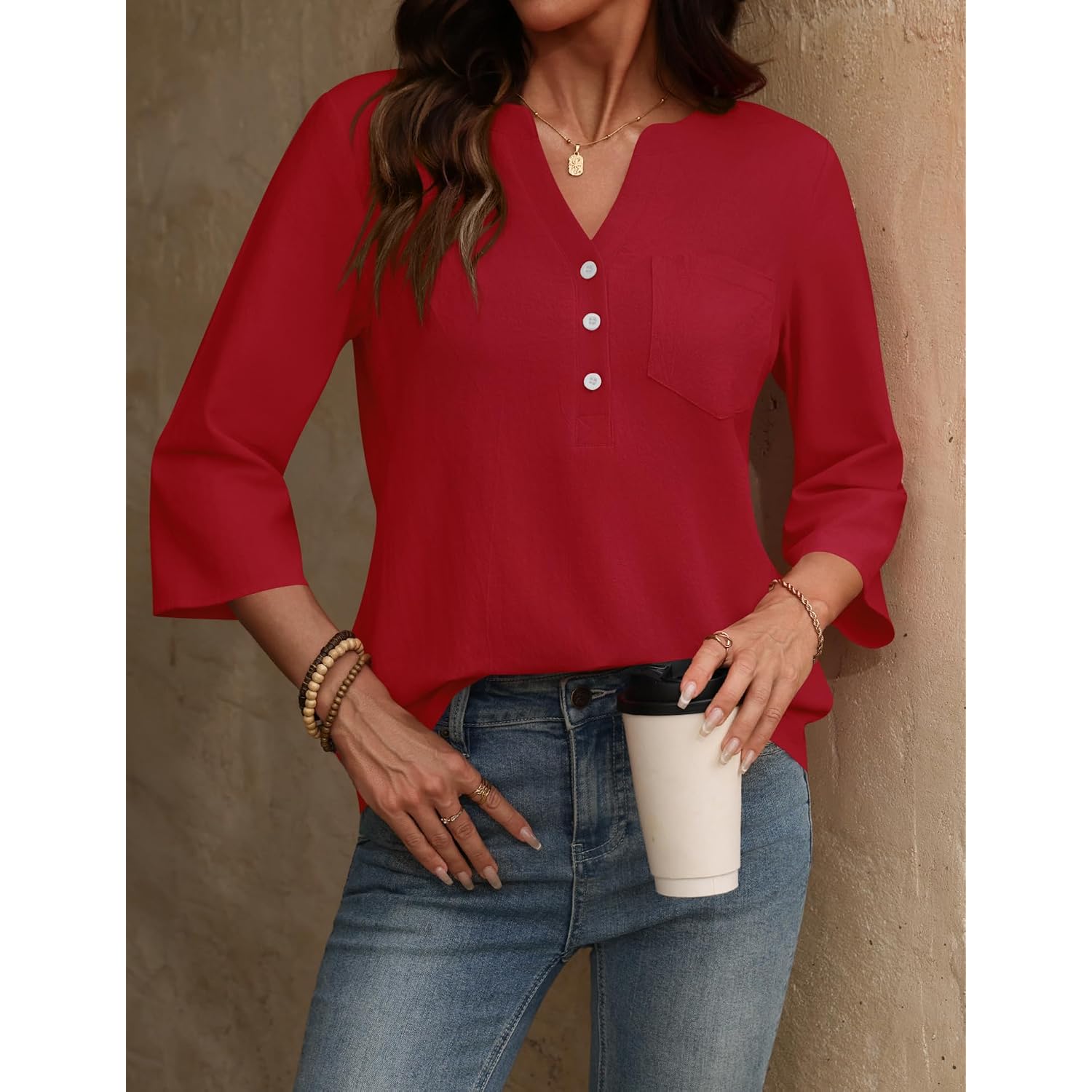 Lomon 3/4 Length Sleeve Womens Tops Cotton Linen Shirts V Neck Loose Fit Casual Blouses Early Fall Fashion Clothes