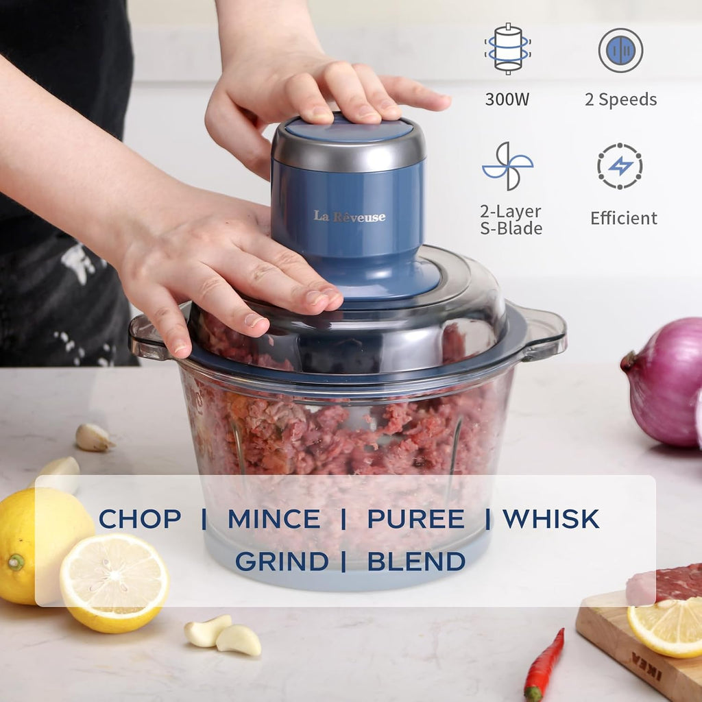 La Reveuse Food Processor,Electric Food Chopper With 7-Cup (1.7L) Glass Bowl, 4 Bi-Level Blades For Chopping,Grinding,Mincing,Whisking,Meal Prep,300W,Blue