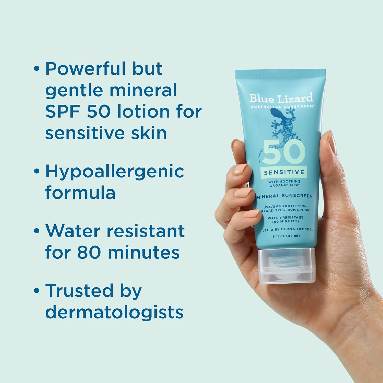 Blue Lizard Sensitive Mineral Sunscreen With Zinc Oxide, Spf 50+, Water Resistant, Uva/Uvb Protection With Smart Cap Technology - Fragrance Free, 3 Oz. Tube