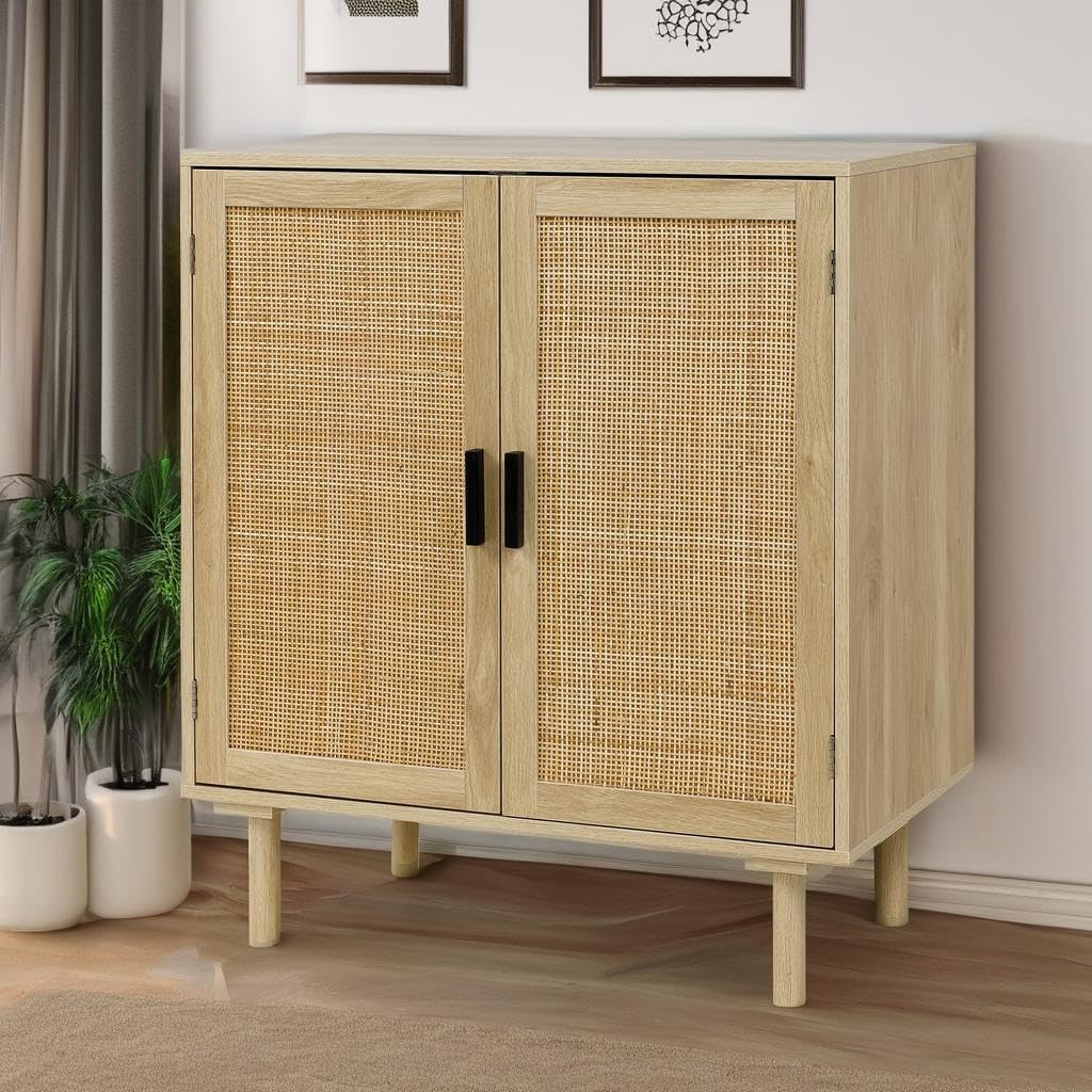 Finnhomy Sideboard Buffet Cabinet, Kitchen Storage Sideboard With Rattan Decorated Doors, Liquor Coffee Buffet, Dining Room, Hallway, Console Table, Accent Cabinet, 31.5X 15.8X 34.6 Inches, Natural