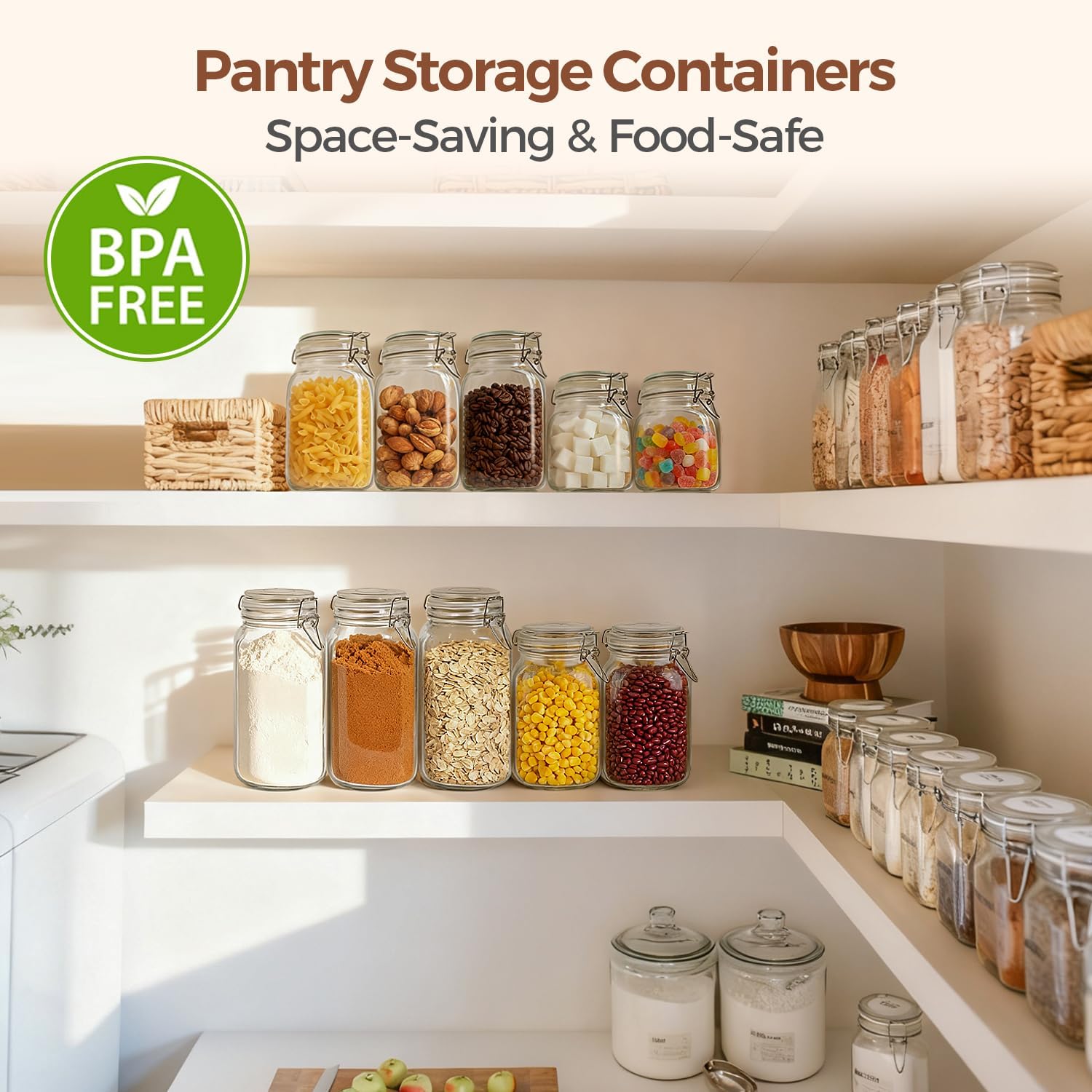 Comsaf Large Square Glass Jars With Airtight Lids 78 Oz 3 Pack Wide Mouth | Flour Sugar Rice, Coffee Storage, Pantry Organization, Large Capacity, Cabinet Organization, Dry Goods, Sourdough Pickling