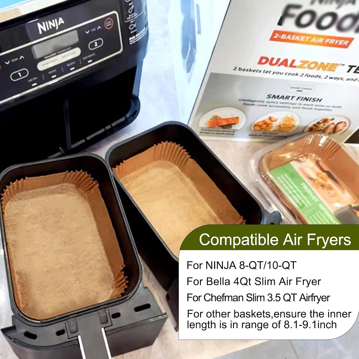 Air Fryer Liners For Bella 4Qt Slim Air Fryer, Bella Air Fryer Accessories, Parchment Paper Liners Disposable Rectangular For Ninja Foodi 2-Basket, Instant Pot Vortex Plus, Powerxl Vortex(100Pcs)