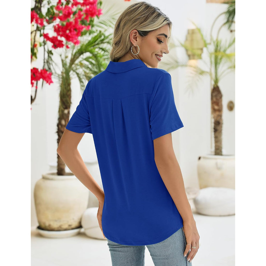 Zhenwei Women'S Short Sleeve V-Neck Polo Shirts Business Casual Work Collared Tops Dressy Johnny Collar Cute Blouses