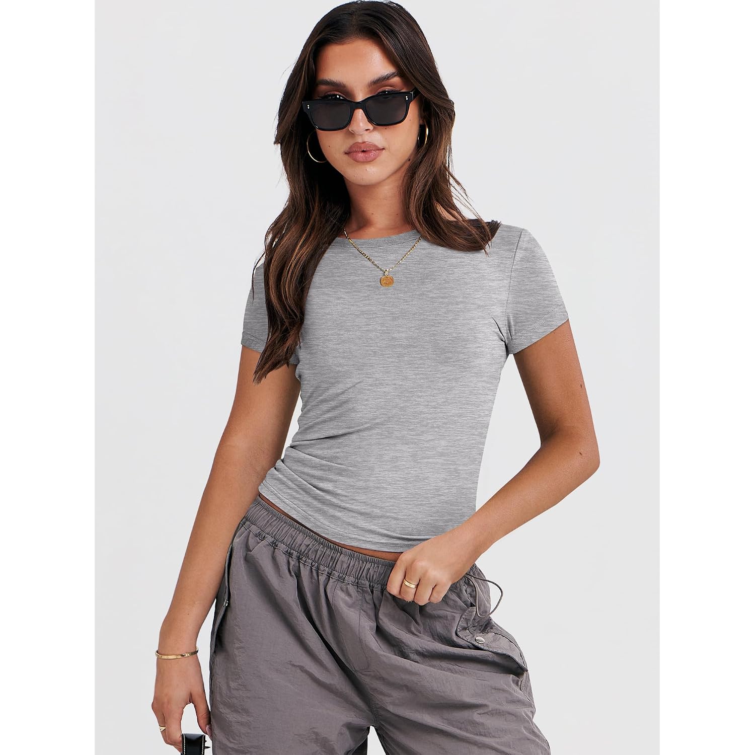 Anrabess Women'S Soft Short Sleeve T-Shirt, Crew Neck Top Slim Fit Basic Tee For Summer Casual Y2K Everyday Wear