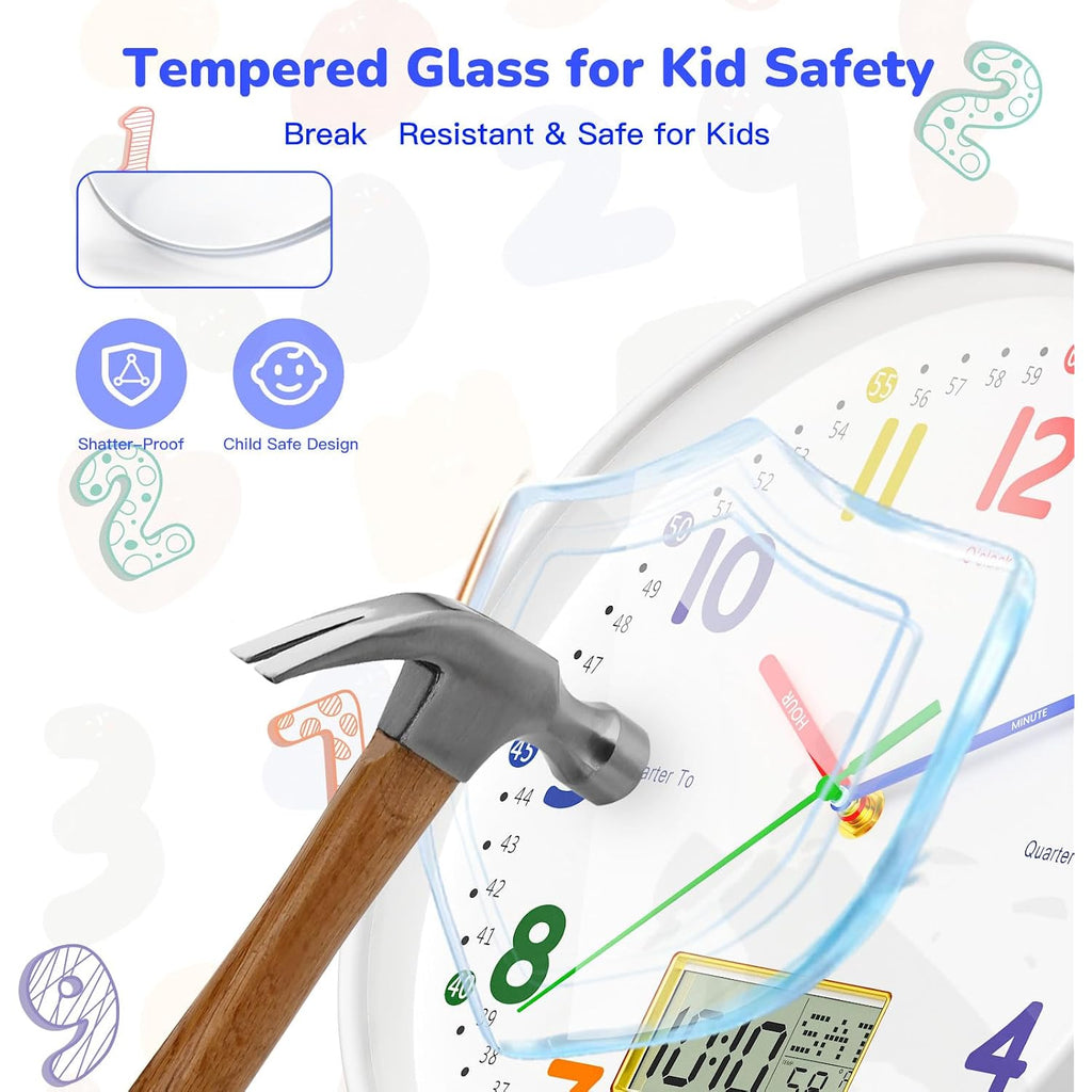 12" Silent Teaching Wall Clock With Lcd Date Weekday Temperature Display – Tempered Glass, Non-Ticking Battery Operated Learning Clock For Kids Room, Classroom, Home Decor