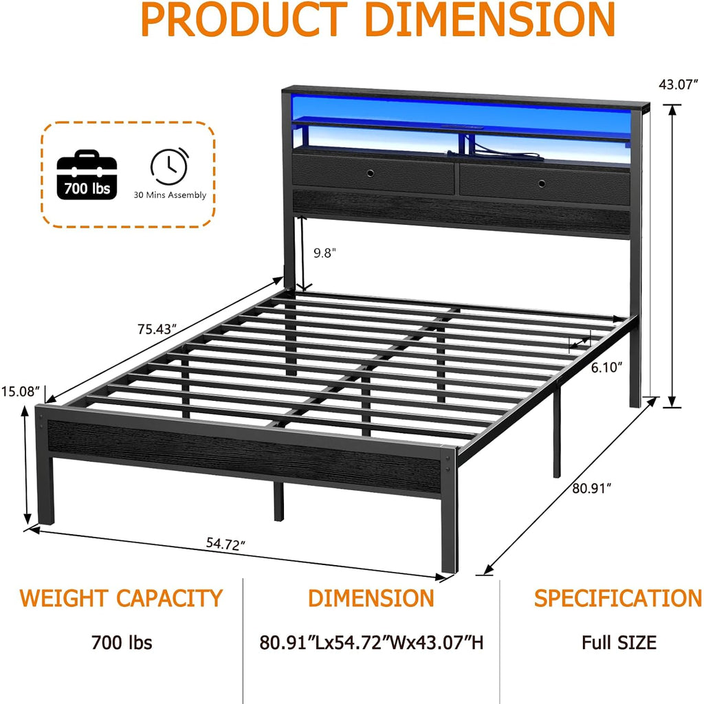 Full Size Bed Frame With Headboard & 2 Fabric Drawers, Full Platform Bed Featuring Led Lights, Built-In Charging Station & Storage Shelves, Metal Slats, No Box Spring Needed – Black Oak