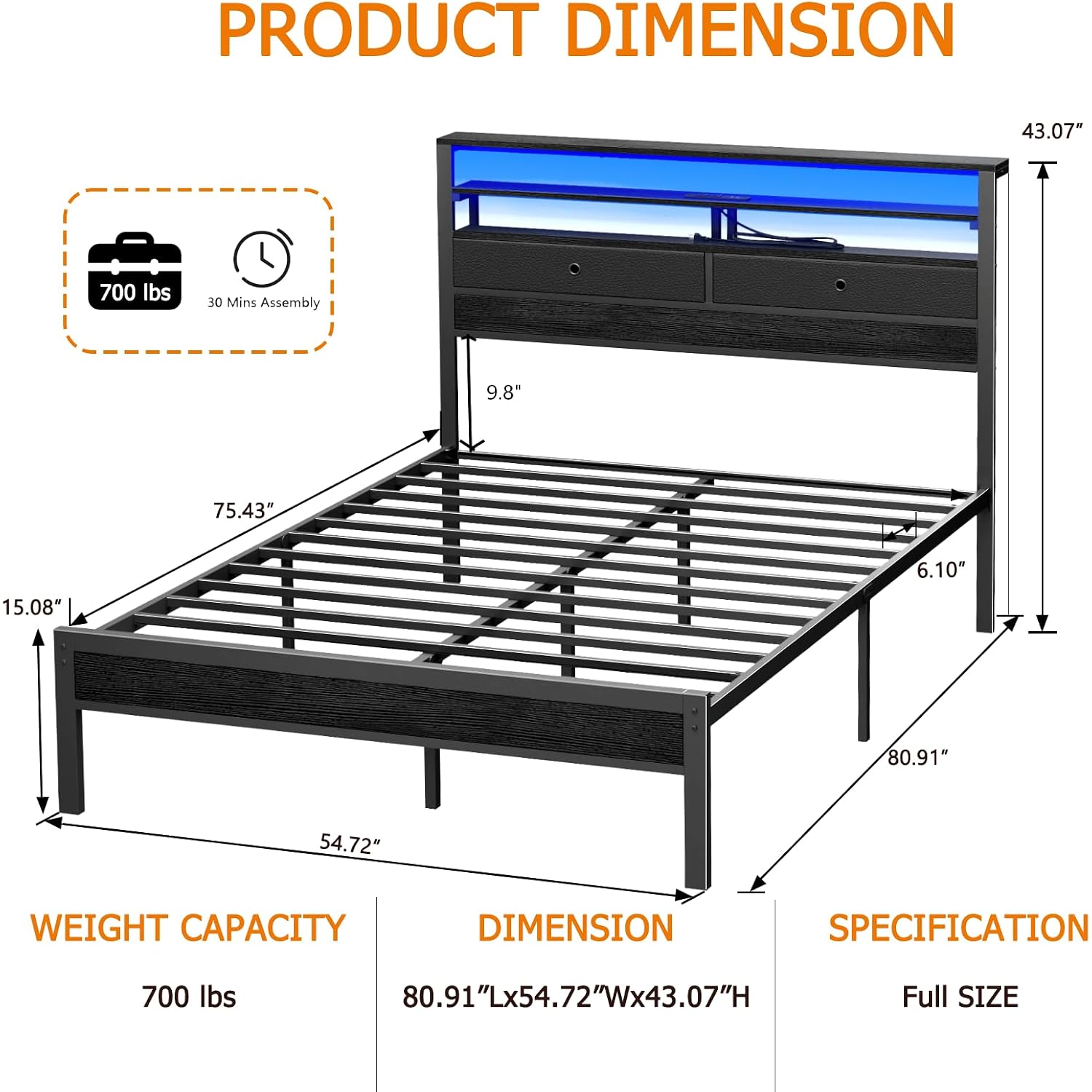 Full Size Bed Frame With Headboard & 2 Fabric Drawers, Full Platform Bed Featuring Led Lights, Built-In Charging Station & Storage Shelves, Metal Slats, No Box Spring Needed – Black Oak