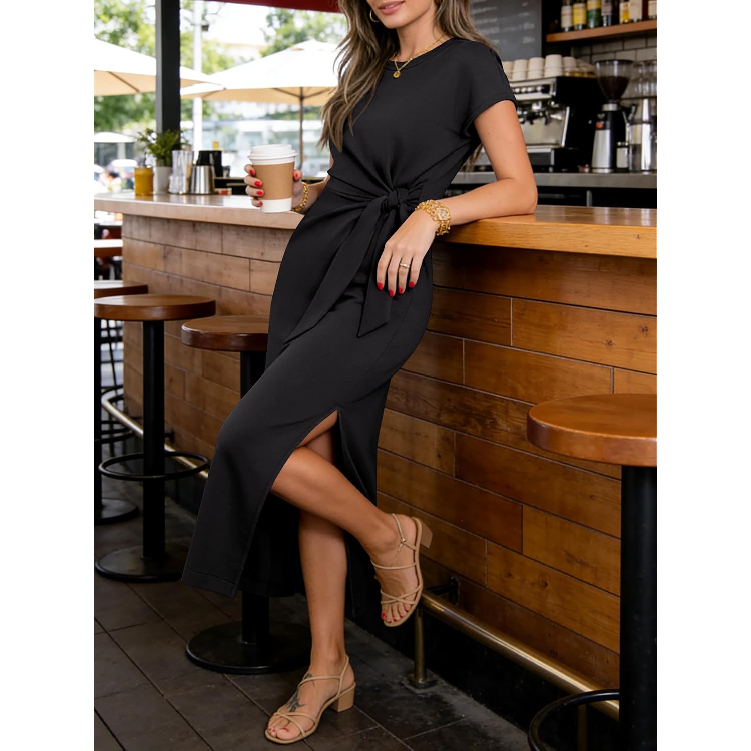 Anrabess Womens Summer Maxi Dress Casual Crew Neck Tie Waist Split Wrinkle-Free Fit Long Fashion Vacation Dresses 2026 Spring