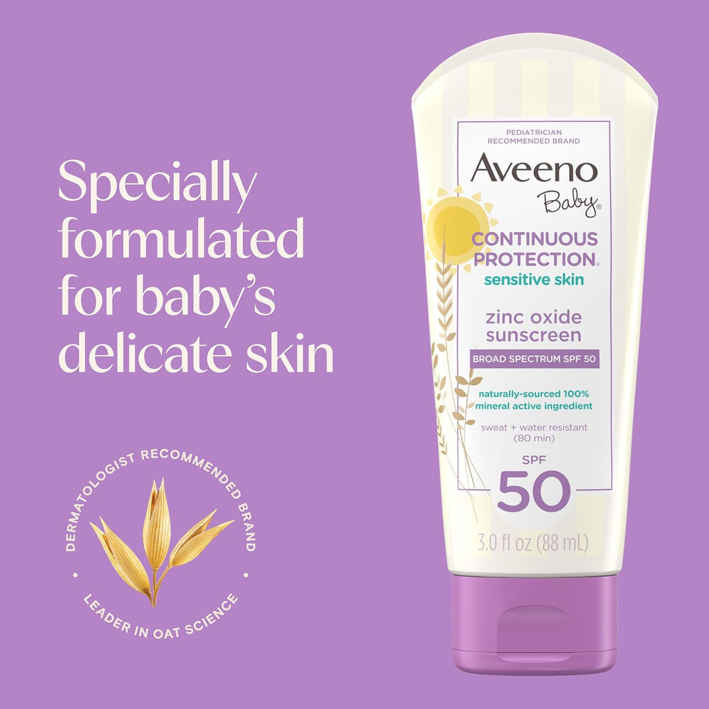 Aveeno Baby Continuous Protection Zinc Oxide Spf 50 Sunscreen For Babies With Sensitive Skin, Broad Spectrum Sun Protection, Tear-Free, Sweat- & Water-Resistant, No Added Parabens, 3 Fl Oz