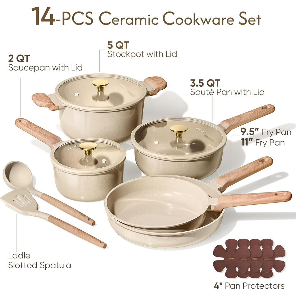 CAROTE 14Pcs Pots and Pans Set Non stick, Ceramic Cookware Set, Non-toxic Kitchen Cooking Set, PFAS and PFOA Free