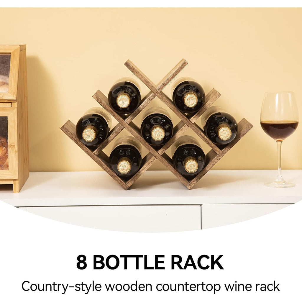 Kirigen Wooden Wine Rack, 8-Bottle 3-Tier Countertop Wine Holder, Brown | 16.73 X 5.91 X 11.14 In, Holds 8 Standard Wine Bottles For Cabinets, Pantry Shelves, And Kitchen Counter, Assembly Required