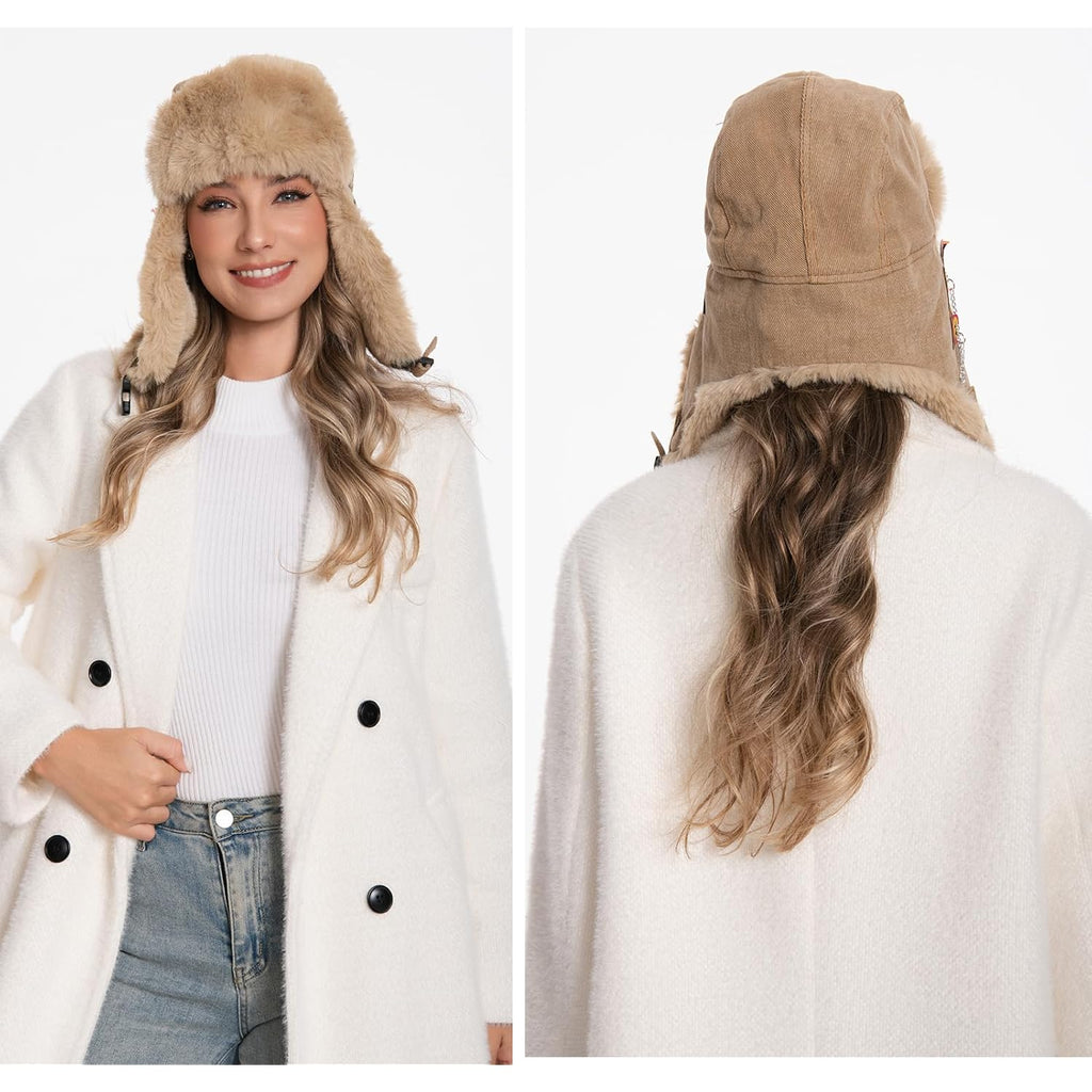 Winter Trapper Hat with Windproof Ear Flaps,Women Men Faux Fur Bomber Hat, Thermal Aviator Cap for Outdoor Skiing Hunting