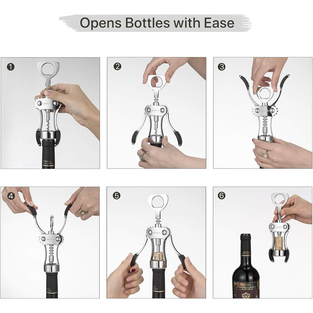 Beneno Wine Opener, Zinc Alloy Premium Wing Corkscrew With Multifunctional Bottles Opener, Sharp Wine Corkscrew With Ergonomic Non-Slip Wing Handle, Silver