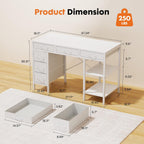 Sweetcrispy 47" Computer Desk With 6 Fabric Drawers, Home Office Gaming Desks With Storage Shelves For Bedroom, Writing Study Corner Living Room Work Table White