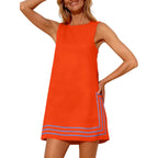 Womens Summer Boho A-Line Mini Dress Sleeveless Sundress Color Block Beach Coverups