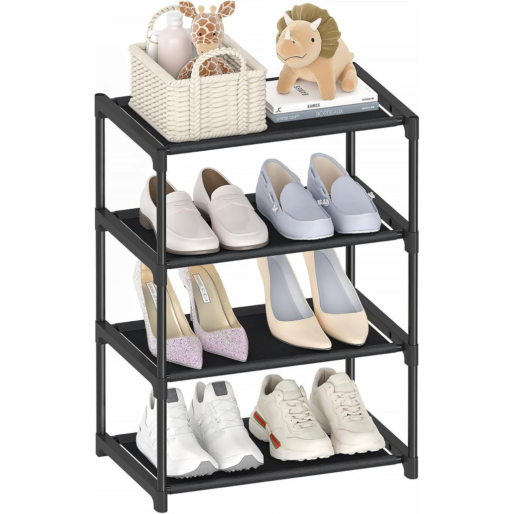 4 Tier Extra Small Shoe Rack (16.3" Wide), Narrow Stackable Kids Toddler Adult Shoe Storage Organizer Shelf For Closet Floor Entryway Bedroom, Space Saver Shoe Rack Organization Shelves