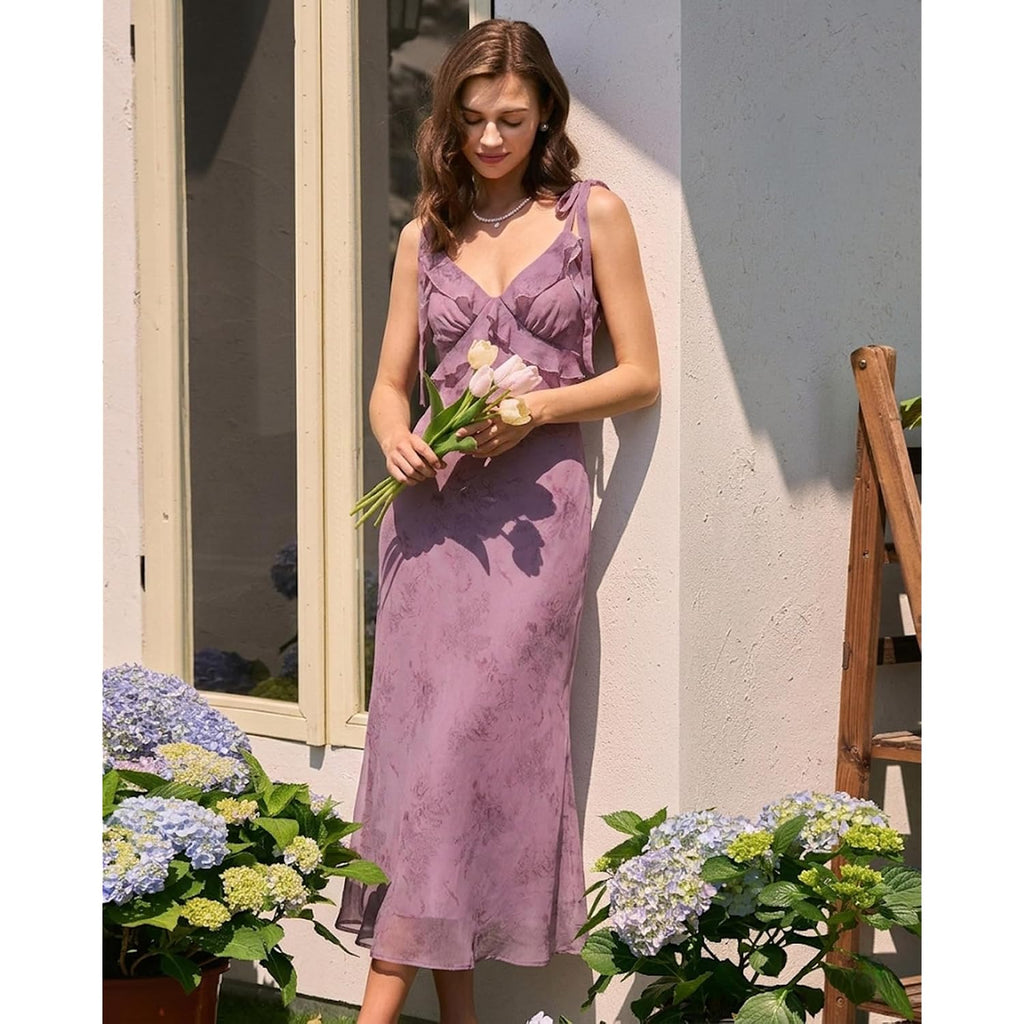 Rihoas Boho Midi Floral Dress - Elegant Flowy Sundress | Formal-Inspired Outfit For Wedding Guest | Spring Summer Party Dress