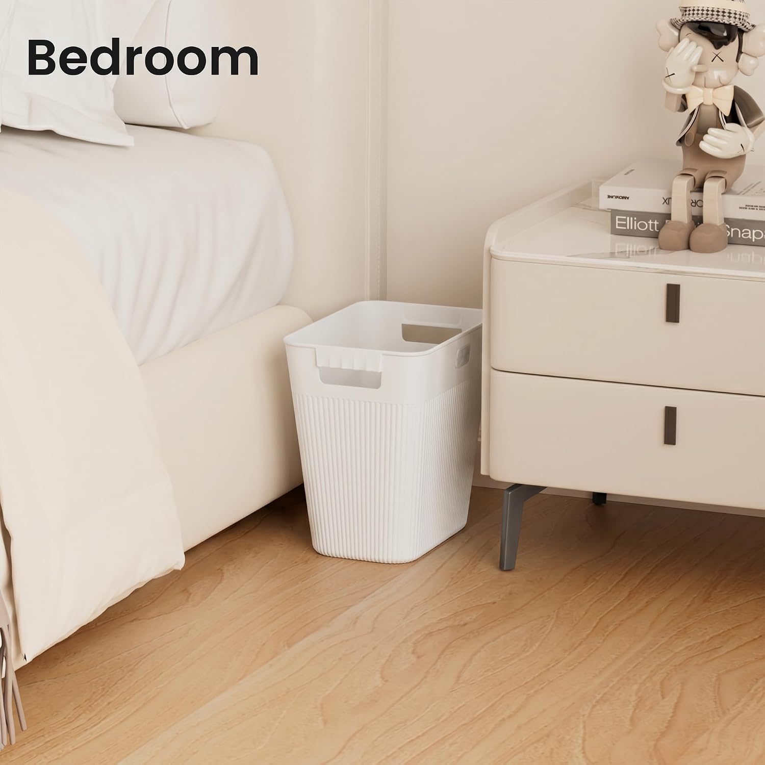 Joymoop Slim Trash Can 3-Pack, 2.2 Gallon Plastic Wastebasket For Bathroom, Bedroom, Office, Kitchen With 4 Rolls Bags, White