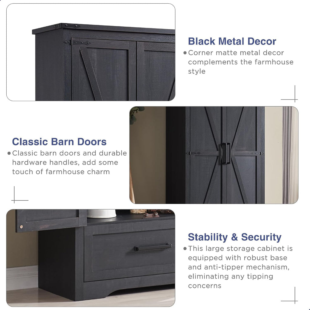 Farmhouse Kitchen Pantry Cabinet - 72" Tall Wood Kitchen Storage Cabinets With Adjustable Shelves & 2 Barn Doors & Drawer, Versatile Storage For Dining Room, Bathroom, Utility Room, Antique Black | Large