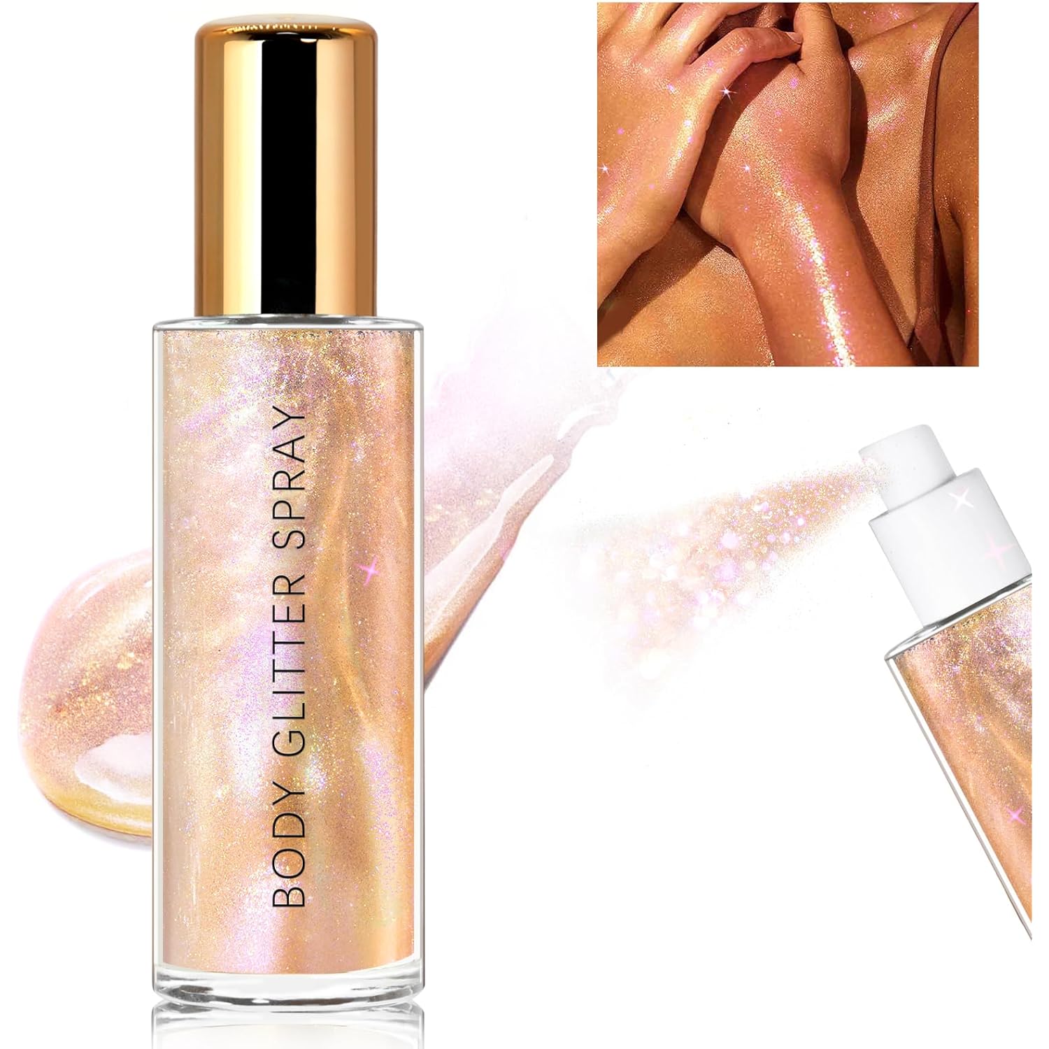 HOSAILY Body Glitter Spray, Holographic Body Shimmer Quick-Drying and Non-Sticky Duochrome Glitter Hairspray for Face Clothes, Sparkle Highlighter Makeup Festival Rave Accessories, Rose Gold