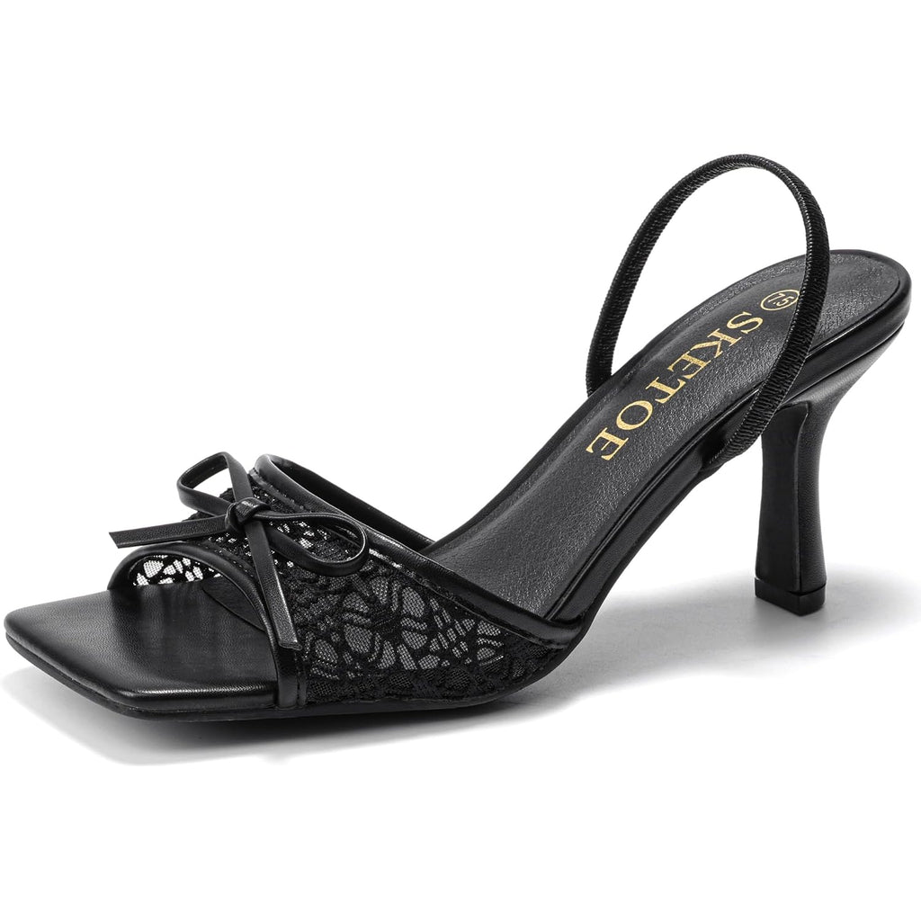 Bow Kitten Heels For Women Square Toe Mesh Sandals Knots Heels Open Toe Dressy For Wedding Party