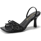 Bow Kitten Heels For Women Square Toe Mesh Sandals Knots Heels Open Toe Dressy For Wedding Party
