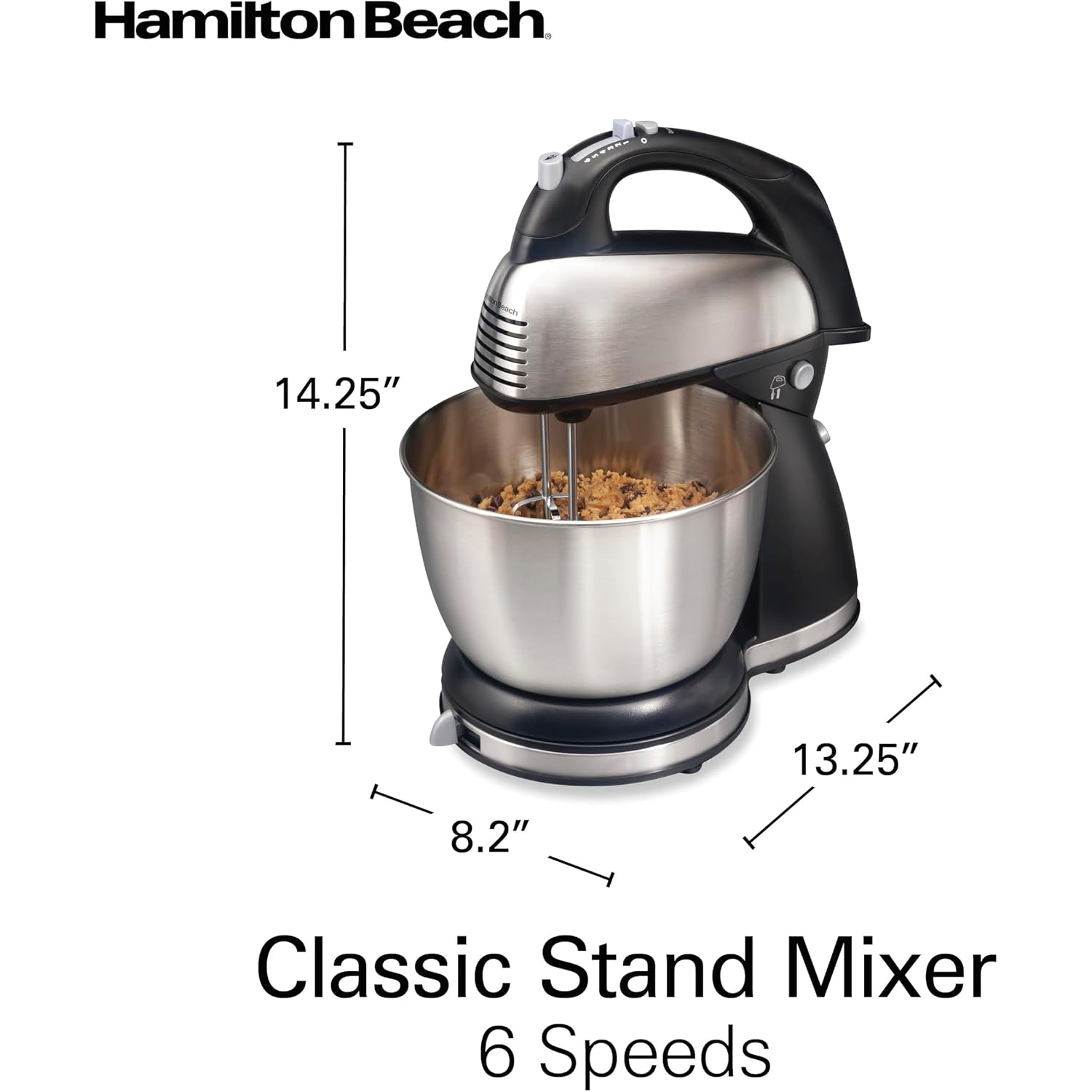 Hamilton Beach Classic Stand And Hand Mixer, 4 Quarts, 6 Speeds With Quickburst, Bowl Rest, 290 Watts Peak Power, Black And Stainless | 2-In-1 Versatility | Quickburst For Added Power | 290 Watts Peak Power | Built-In Bowl Rest | Black And Stainless Steel
