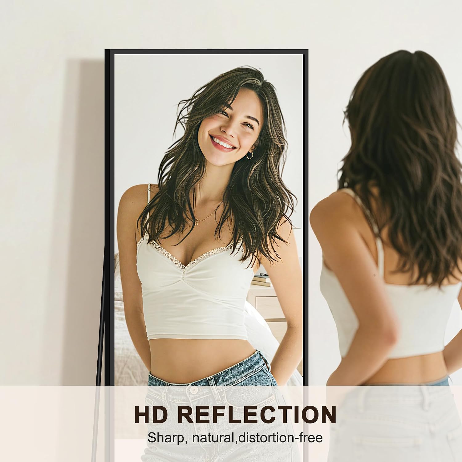 Fictor Full Length Mirror With Stand, Floor Standing Mirror Full Body, Hd Shatterproof Black Frame Wall Mirror For Bedroom, Living Room, Dressing Room & Entryway, 56"X15"