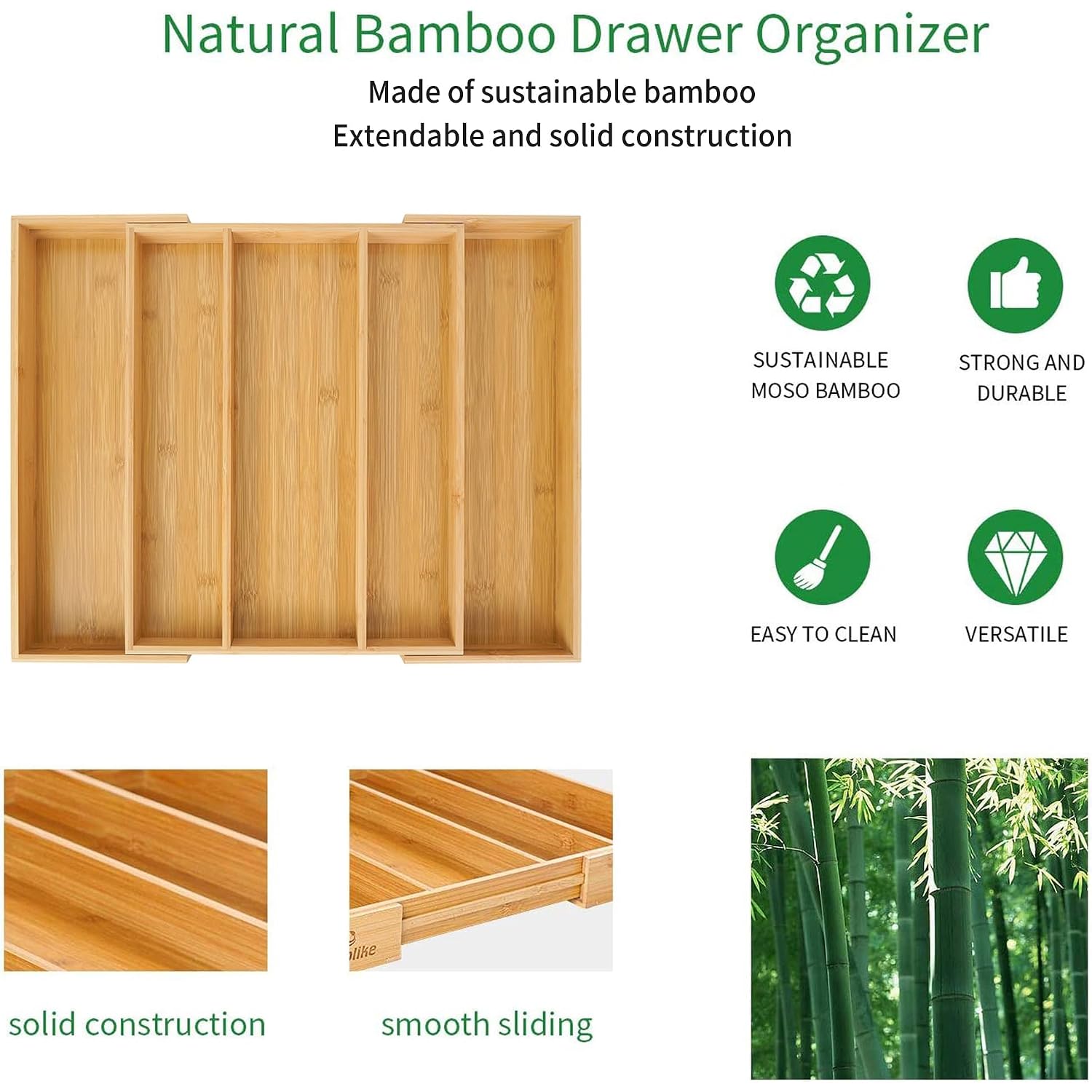 Utoplike Bamboo Expandable Kitchen Drawer Organizer, Adjustable Utensil Holder And Cutlery Tray Organiser, Drawer Divider For Silverware, Flatware, Knives In Kitchen, Bedroom, Living Room, 5 Slot