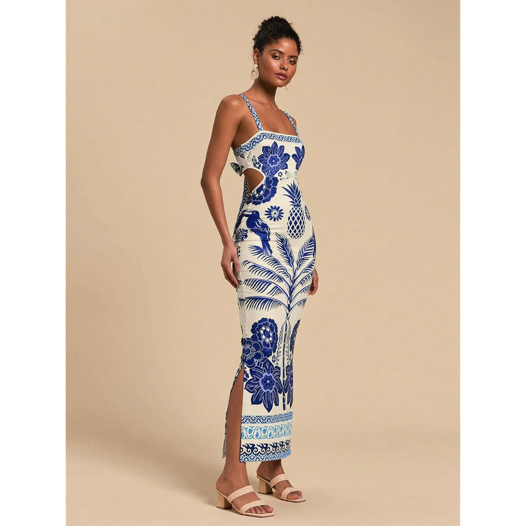 Floerns Women'S Tropical Bow Tie Back Long Dress Sleeveless Split Vacation Maxi Dress