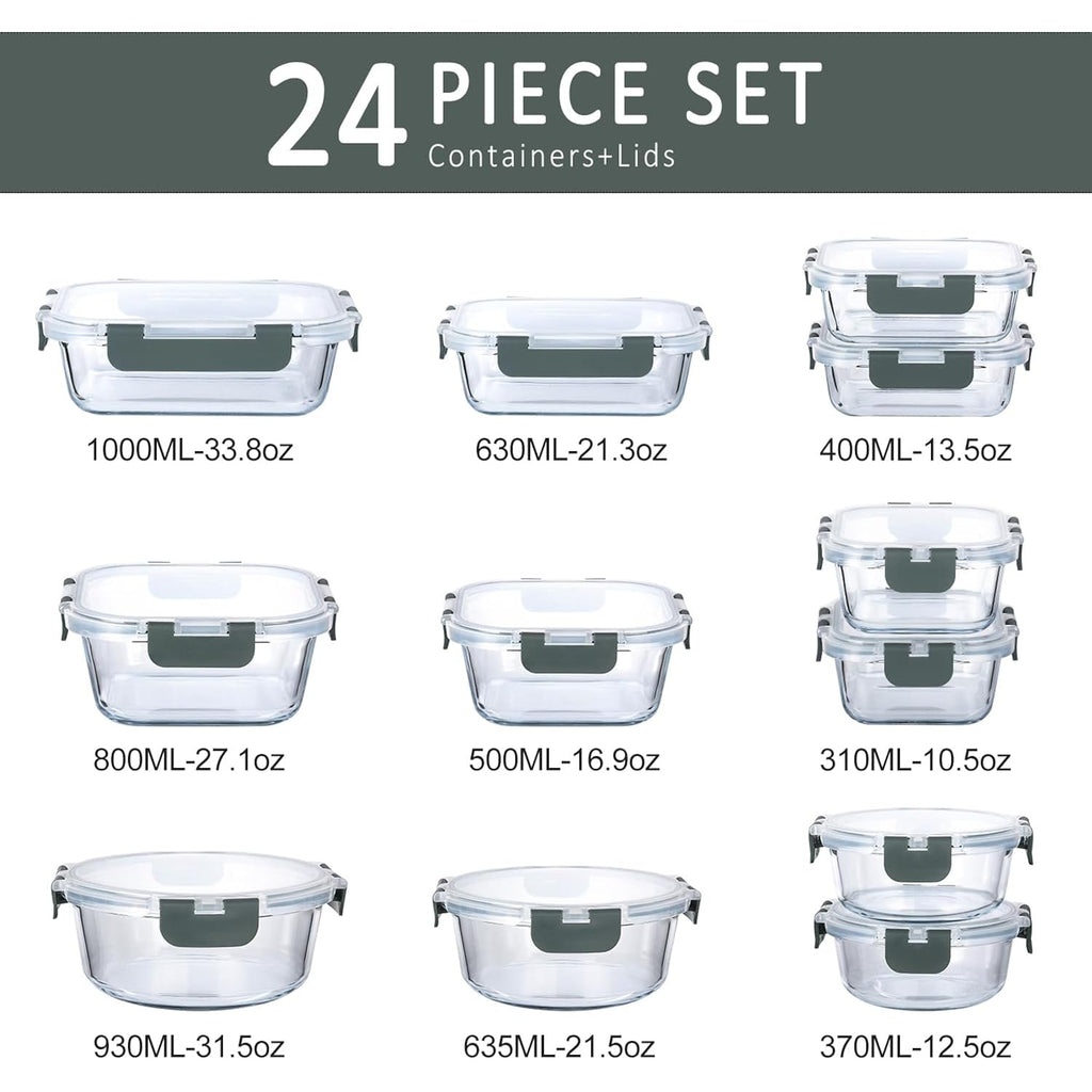 M Mcirco 24-Piece Glass Food Storage Containers With Upgraded Snap Locking Lids,Glass Meal Prep Containers Set - Airtight Lunch Containers, Microwave, Oven, Freezer And Dishwasher