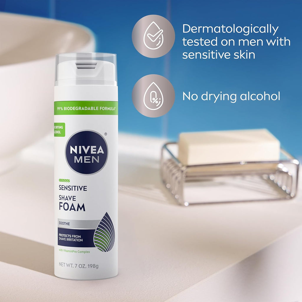 NIVEA MEN Sensitive Shave Foam with Vitamin E, Soothing Chamomile and Witch Hazel Extracts, 6 Pack of 7 Oz Cans
