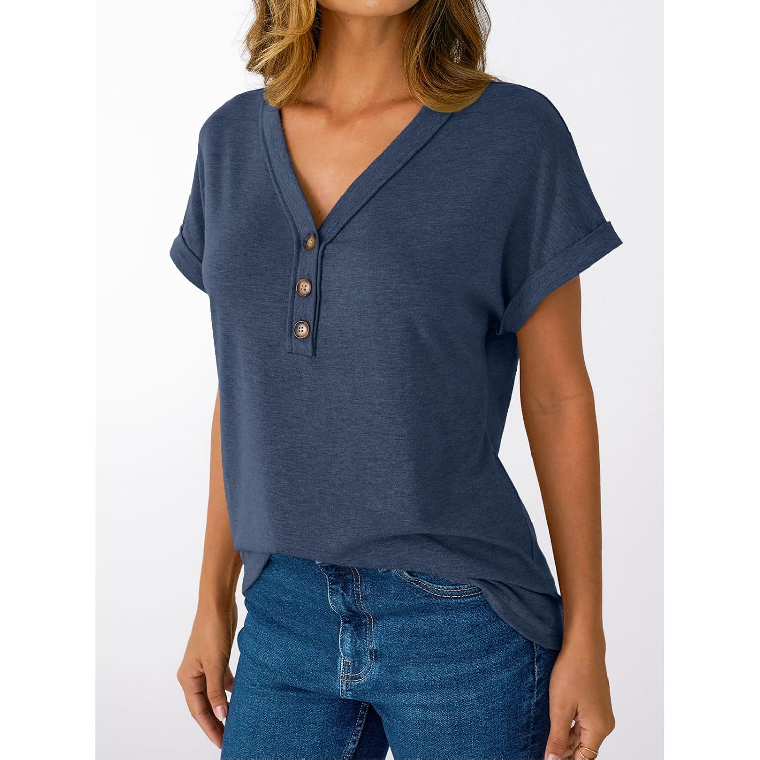 Short Sleeve V Neck T Shirts Womens Summer Business Casual Dressy Tops 2026 Henley Loose Fit Basic Spring Outfit