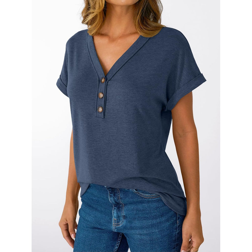 Short Sleeve V Neck T Shirts Womens Summer Business Casual Dressy Tops 2026 Henley Loose Fit Basic Spring Outfit
